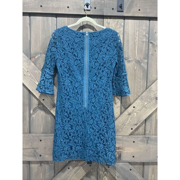 Adrianna Papell Sheath Dress Teal Blue Lace 3/4 Bell Sleeve Wedding Size 4 - Picture 3 of 10